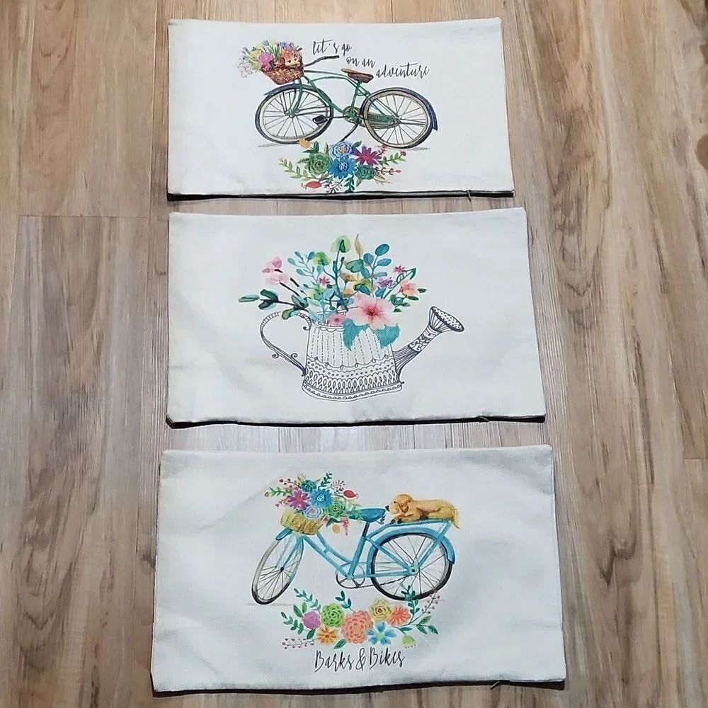 NWOT Burlap Rectangle Garden Bike Accent Pillow Covers